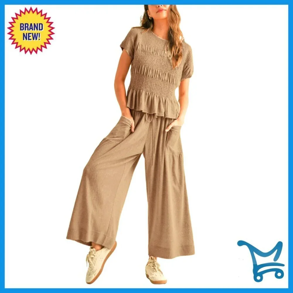 Smocked Top Wide Leg Pants Set High Waisted Lounge Outfit with Pockets